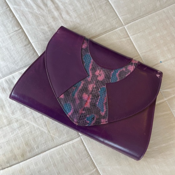 Vintage 80s Genuine Leather Snakeskin Crossbody Clutch Bag OS Purple Multi - Picture 3 of 16